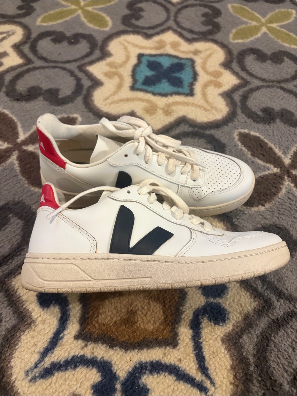 Veja V 10 Classic White Leather Sneakers with Navy Accent
